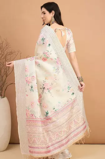 off_white floral kantha work silk cotton tussar saree