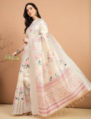 off_white floral kantha work silk cotton tussar saree 3