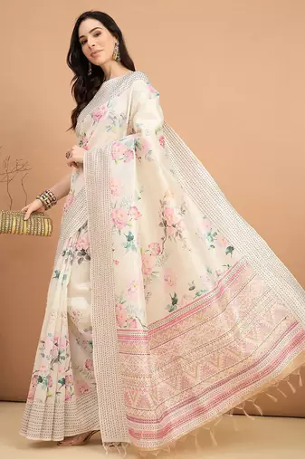 off_white floral kantha work silk cotton tussar saree