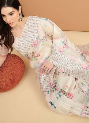 off_white floral kantha work silk cotton tussar saree 4