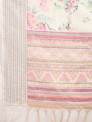 off_white floral kantha work silk cotton tussar saree 5