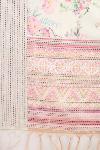 off_white floral kantha work silk cotton tussar saree
