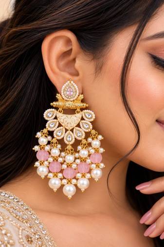 pink pista kundan & agate stone earrings  gold plated