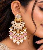 pink pista kundan & agate stone earrings  gold plated