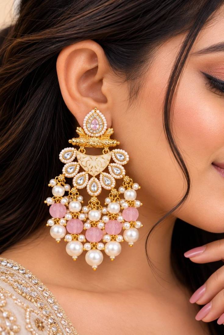 pink pista kundan & agate stone earrings  gold plated