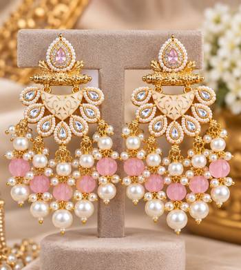 pink pista kundan & agate stone earrings  gold plated 2