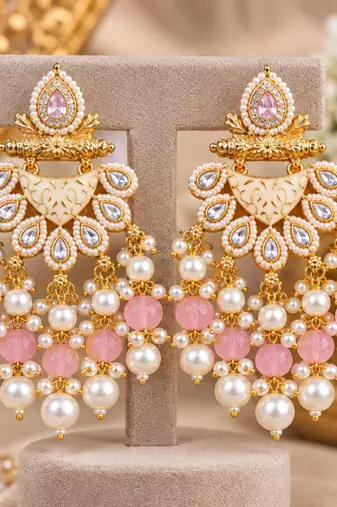 pink pista kundan & agate stone earrings  gold plated