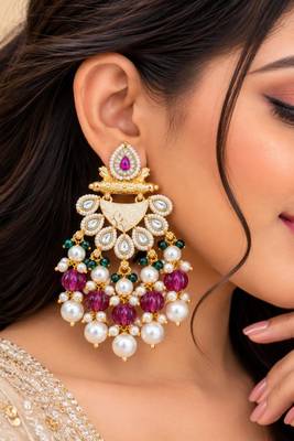 ruby green kundan & agate stone earrings  gold plated 1