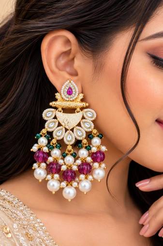 ruby green kundan & agate stone earrings  gold plated