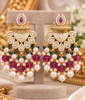 ruby green kundan & agate stone earrings  gold plated 2