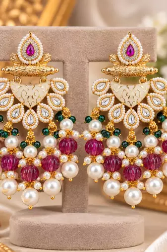ruby green kundan & agate stone earrings  gold plated