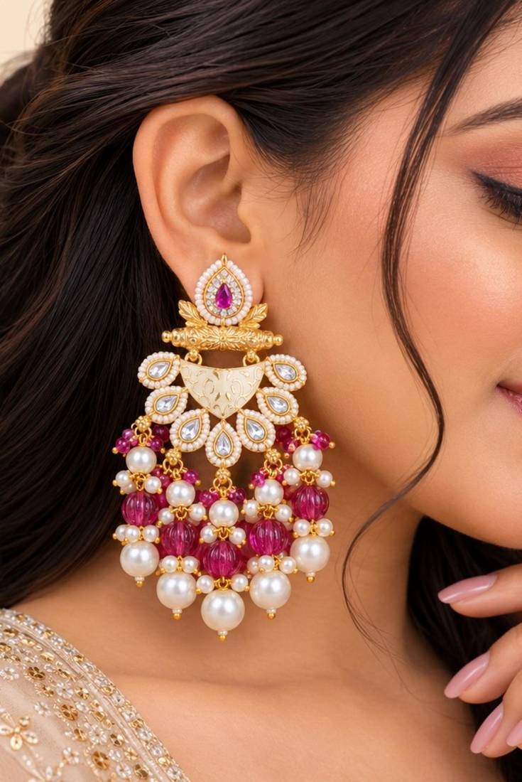 ruby kundan & agate stone earrings  gold plated