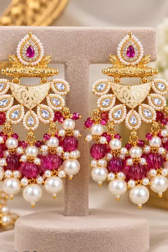 ruby kundan & agate stone earrings  gold plated