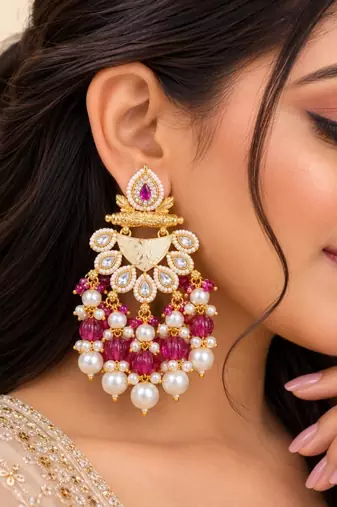 ruby kundan & agate stone earrings  gold plated