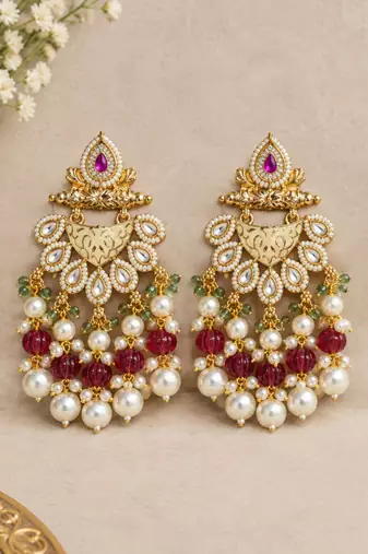 ruby pista kundan & agate stone earrings  gold plated
