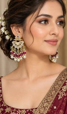 ruby pista kundan & agate stone earrings  gold plated 3