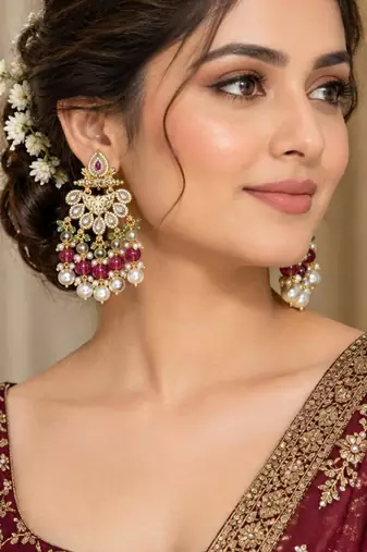 ruby pista kundan & agate stone earrings  gold plated