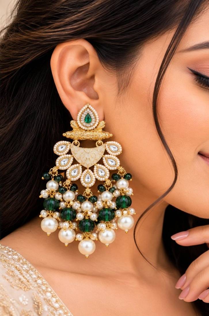 green kundan & agate stone earrings  gold plated