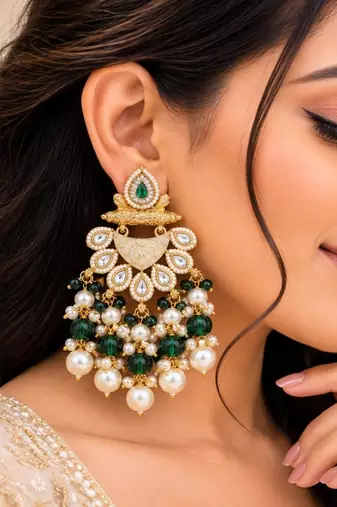 green kundan & agate stone earrings  gold plated
