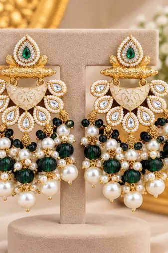 green kundan & agate stone earrings  gold plated