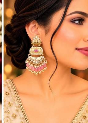 pink pista kundan & agate stone earrings  gold plated 1