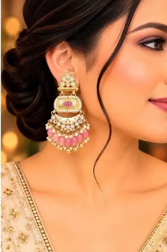 pink pista kundan & agate stone earrings  gold plated