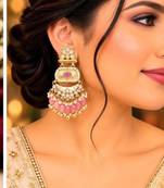 pink pista kundan & agate stone earrings  gold plated