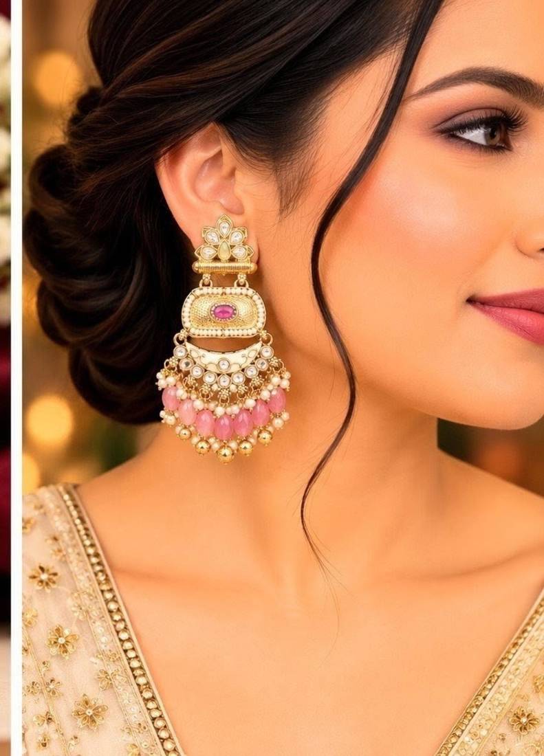 pink pista kundan & agate stone earrings  gold plated