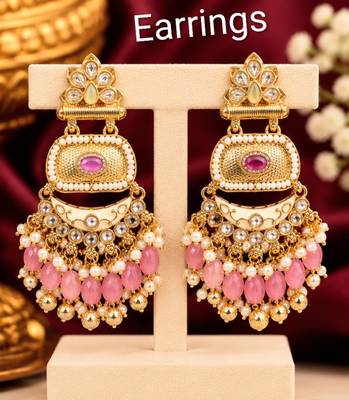 pink pista kundan & agate stone earrings  gold plated 4