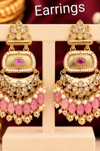 pink pista kundan & agate stone earrings  gold plated