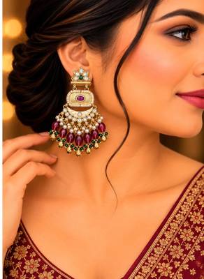 ruby green kundan & agate stone earrings  gold plated 1