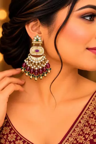 ruby green kundan & agate stone earrings  gold plated