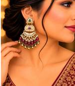 ruby green kundan & agate stone earrings  gold plated