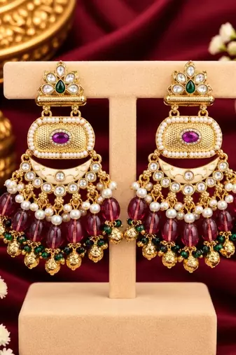 ruby green kundan & agate stone earrings  gold plated