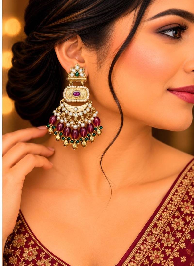 ruby green kundan & agate stone earrings  gold plated