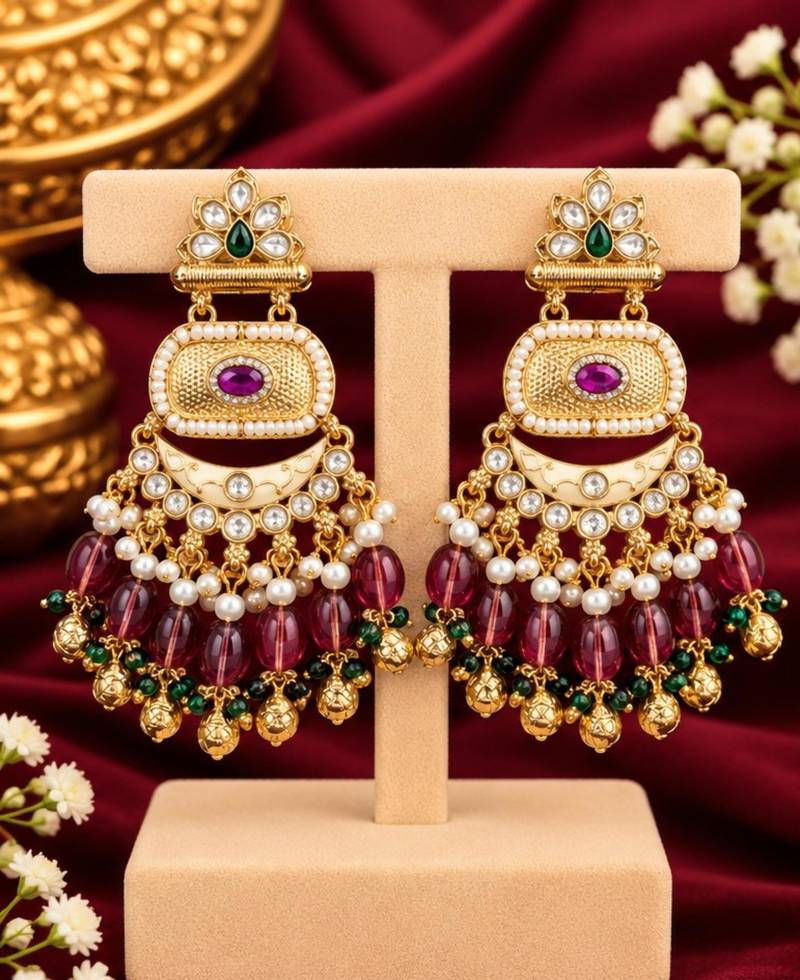 ruby green kundan & agate stone earrings  gold plated
