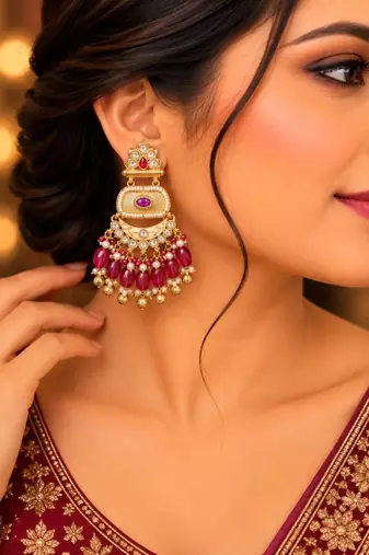 ruby kundan & agate stone earrings  gold plated