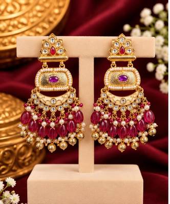 ruby kundan & agate stone earrings  gold plated 2