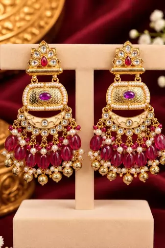 ruby kundan & agate stone earrings  gold plated