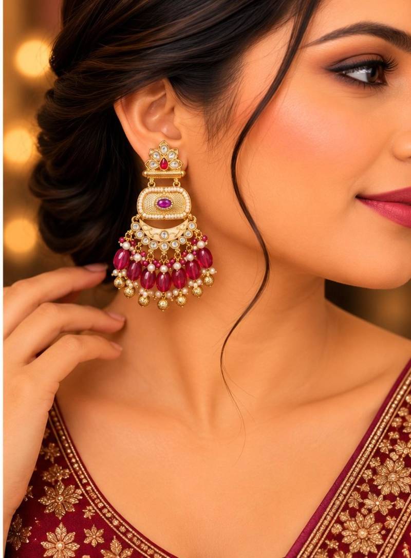 ruby kundan & agate stone earrings  gold plated