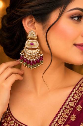 ruby pista kundan & agate stone earrings  gold plated