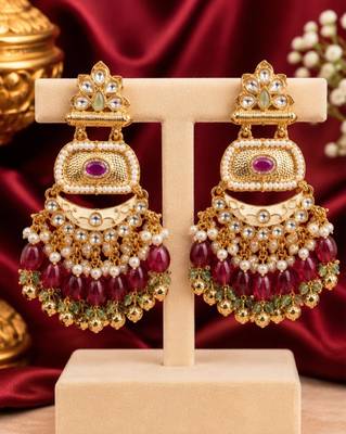 ruby pista kundan & agate stone earrings  gold plated 2