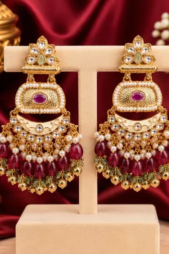 ruby pista kundan & agate stone earrings  gold plated