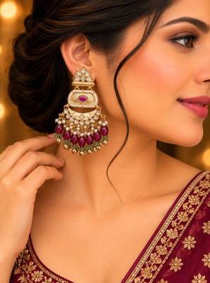 ruby pista kundan & agate stone earrings  gold plated 3