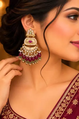 ruby pista kundan & agate stone earrings  gold plated