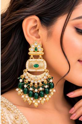 green kundan & agate stone earrings  gold plated 1
