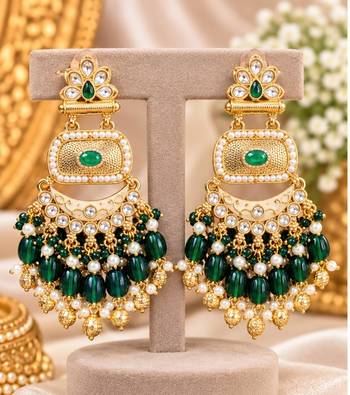 green kundan & agate stone earrings  gold plated 4