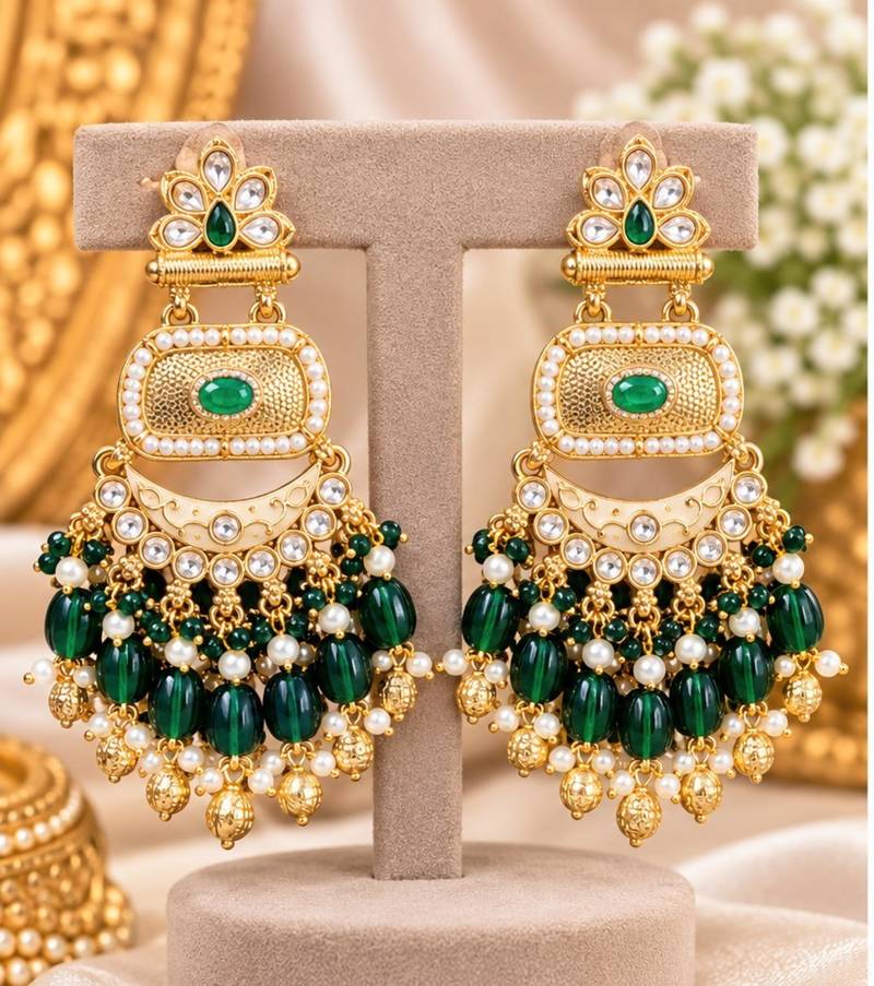 green kundan & agate stone earrings  gold plated