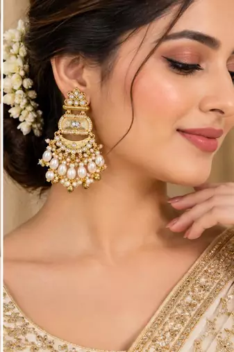 white kundan & agate stone earrings  gold plated