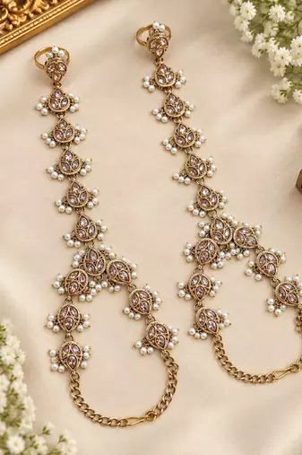 white stone & agate stone haath phool (hath panja), antique gold plated
